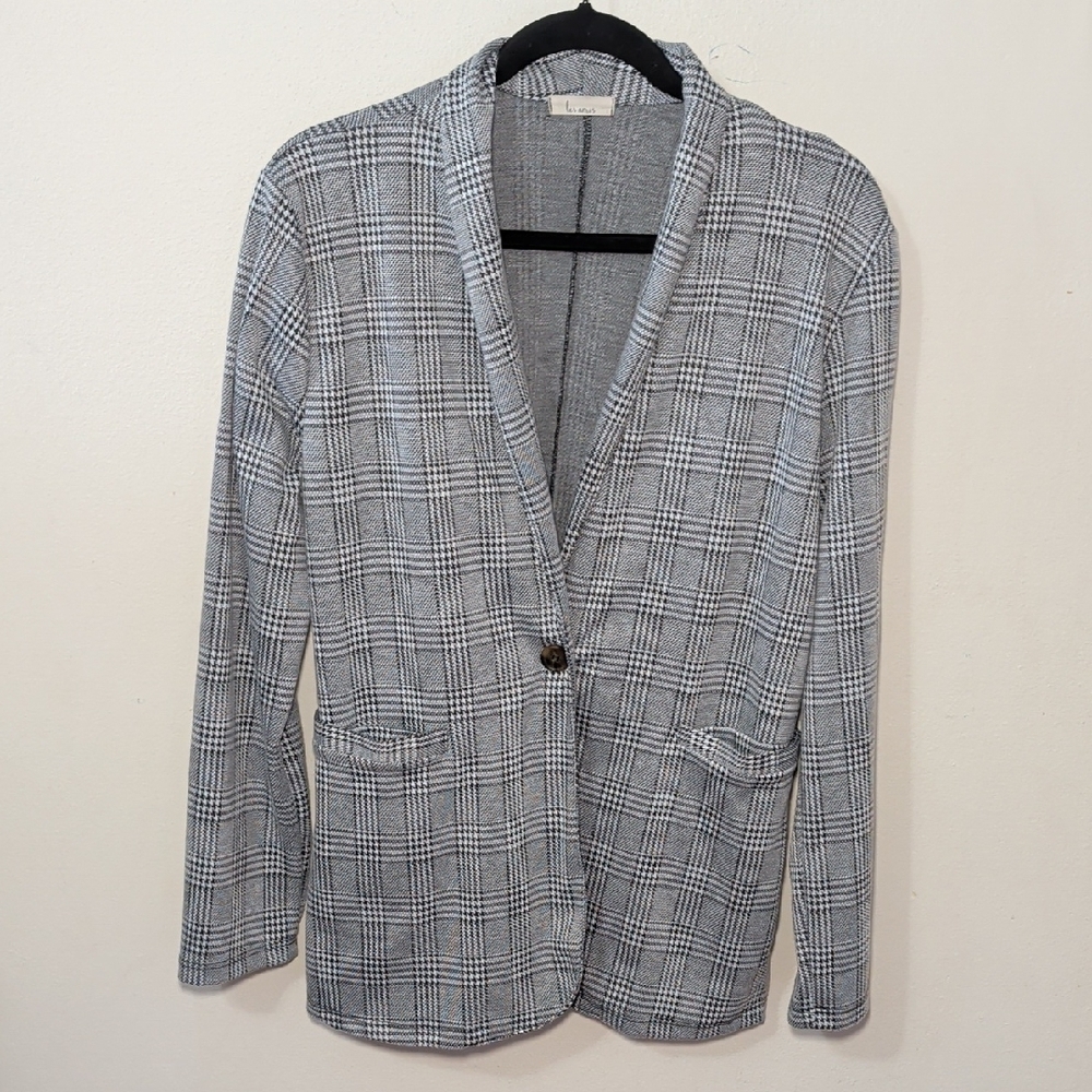 Les Amis One-Button Plaid Blazer Black Gray Houndstooth Stretchy Women's Size L